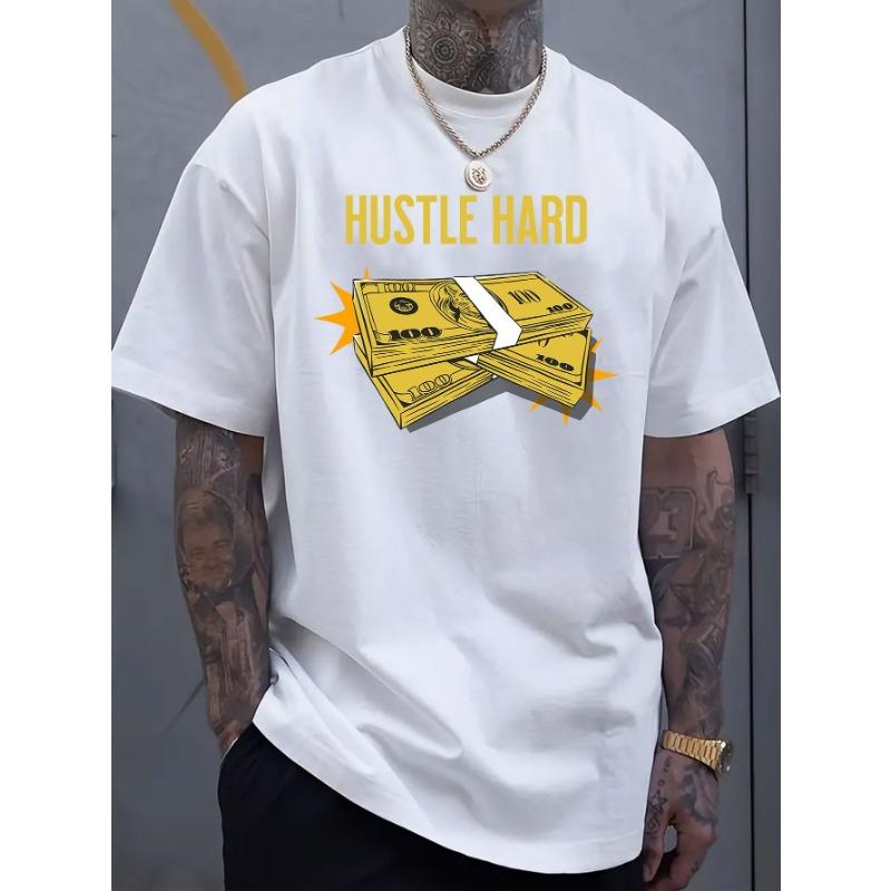 European Size Men's Oversized T-Shirt with Bold HUSTLE HARD Money Stack & Dollar Bill Graphic - White & Yellow Print Streetwear Tee