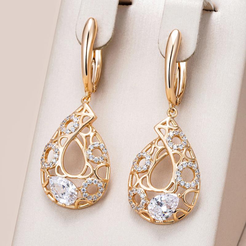 Kienl Rose Gold Color Ethnic Bride Long Big Earring For Women Fashion Natural Zircon Glossy Flower Daily Vintage Jewelry