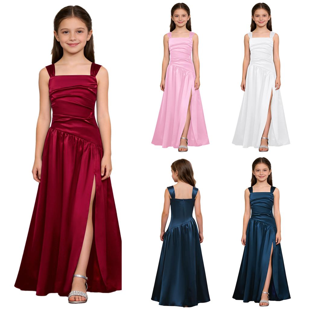Robe de Soirée Satinée Fleurie pour Fille Sans Manches Corsage Froncé Taille Basse Asymétrique Robe Coupe A Ligne Fente Latérale pour Mariage Baptême