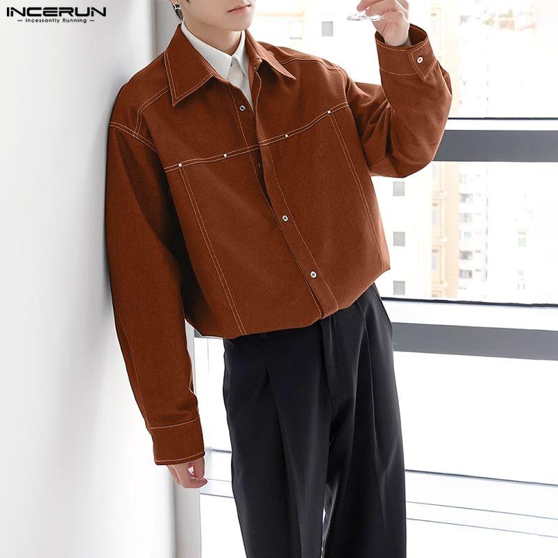 INCERUN Men Turn-down Collar Long Sleeve Stitching Casual Oversized Shirts Tops