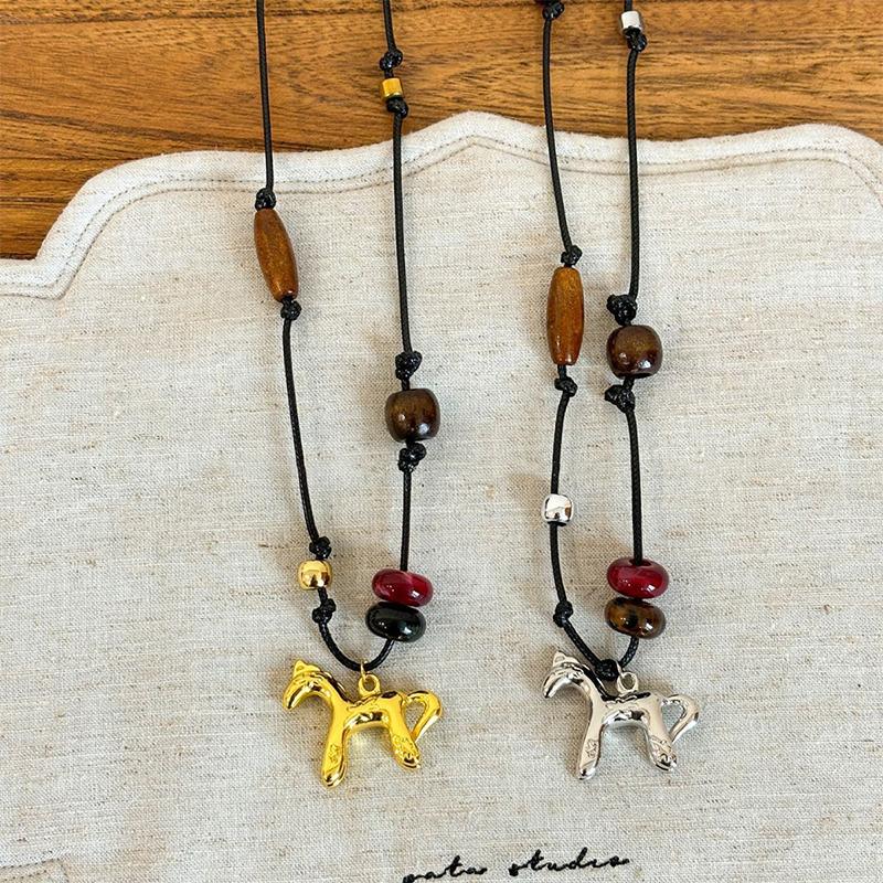 Wooden Bead Braided Rope Alloy Horse Pendant Necklace Sweater Chain Black Rope Beaded Long Necklace Jewelry For Women
