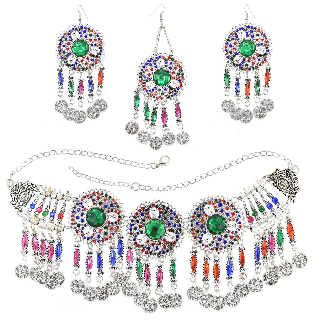 3pcs Indian Afghan Zircon Sets Necklace Earrings Hairbands for Women Boho Ethnic Coins Tassels Colorful Crystal Drop Accessory