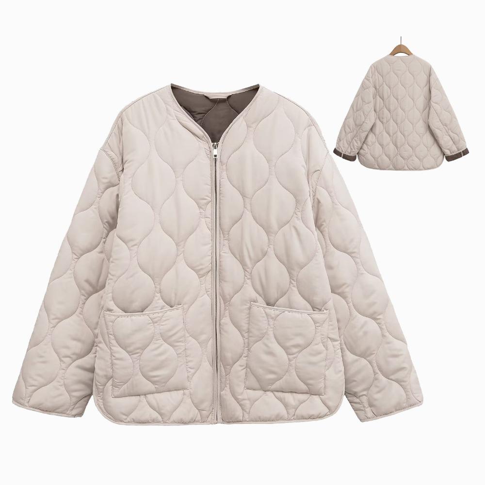 Women's Autumn & Winter Quilted Cotton Jacket: Comfortable Round Neck, Long Sleeves, Zipper Pockets, Warm Outerwear