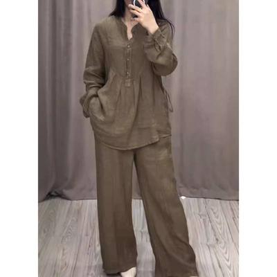 Conjunto Feminino de 2 Peças Moda Office Lady Algodão Linho Manga Longa Casual Solto Calças de Perna Larga Terno Primavera Outono Conjuntos Femininos