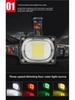 Rechargeable LED Headlamp with 18650 Battery, COB Floodlight, and Red/Green Warning Flash.