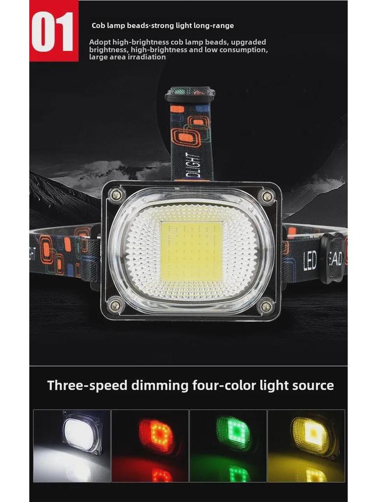 Rechargeable LED Headlamp with 18650 Battery, COB Floodlight, and Red/Green Warning Flash.