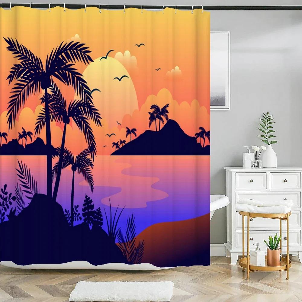 Sunlight Beach Waterproof Fabric Shower Curtains 3D Printing Palm Tree Bath Curtain For Bathroom Bathtub Decoration With Hooks