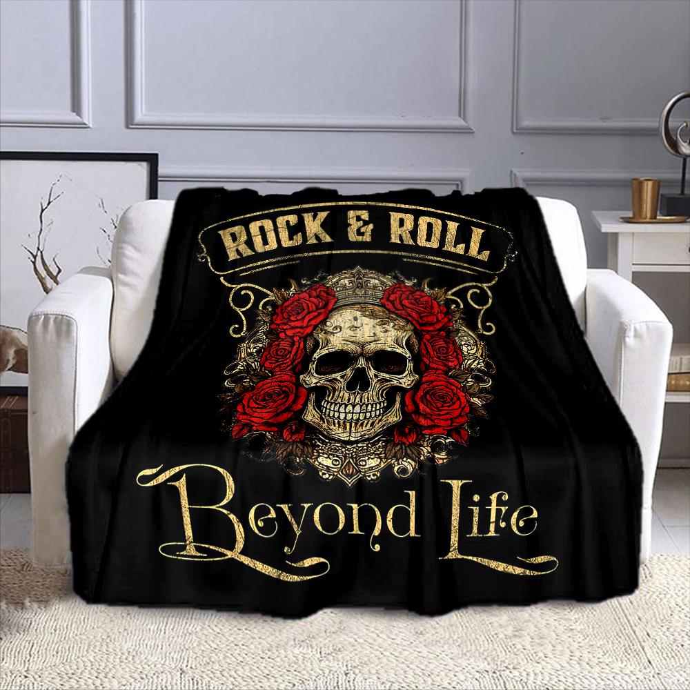 Rock Skull with Roses and Crown Patterned flannel blanket perfect for the bedroom living room, sofa, or a little nap
