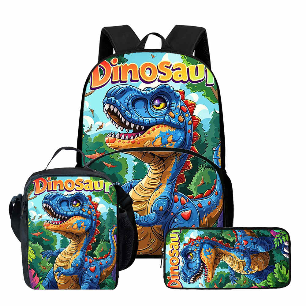 Classic Popular Cartoon Dinosaur Print 3pcs/Set Student School Bags Laptop Daypack Backpack Lunch Bag Pencil Case