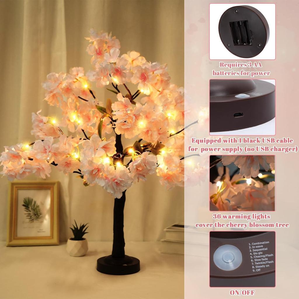 24IN Cherry Blossom Tree Light, 36 LED Lights Tabletop Tree with Timer Pink Flower Tree Lamp with USB Plug or Battery Operated for Home Wedding Party