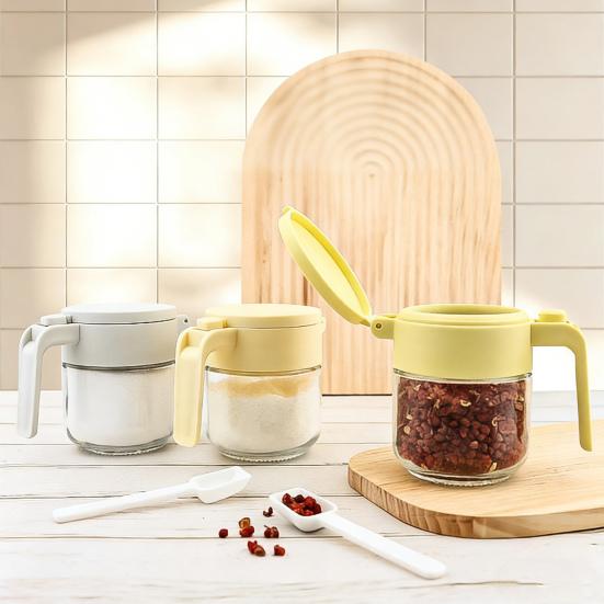 Glass Spice Jar with Airtight Lids Measuring Spoons 250ml Seasoning Bottle for Salt Sugar Seasonings Press-Type One-Hand Open Moisture-Proof Condiment