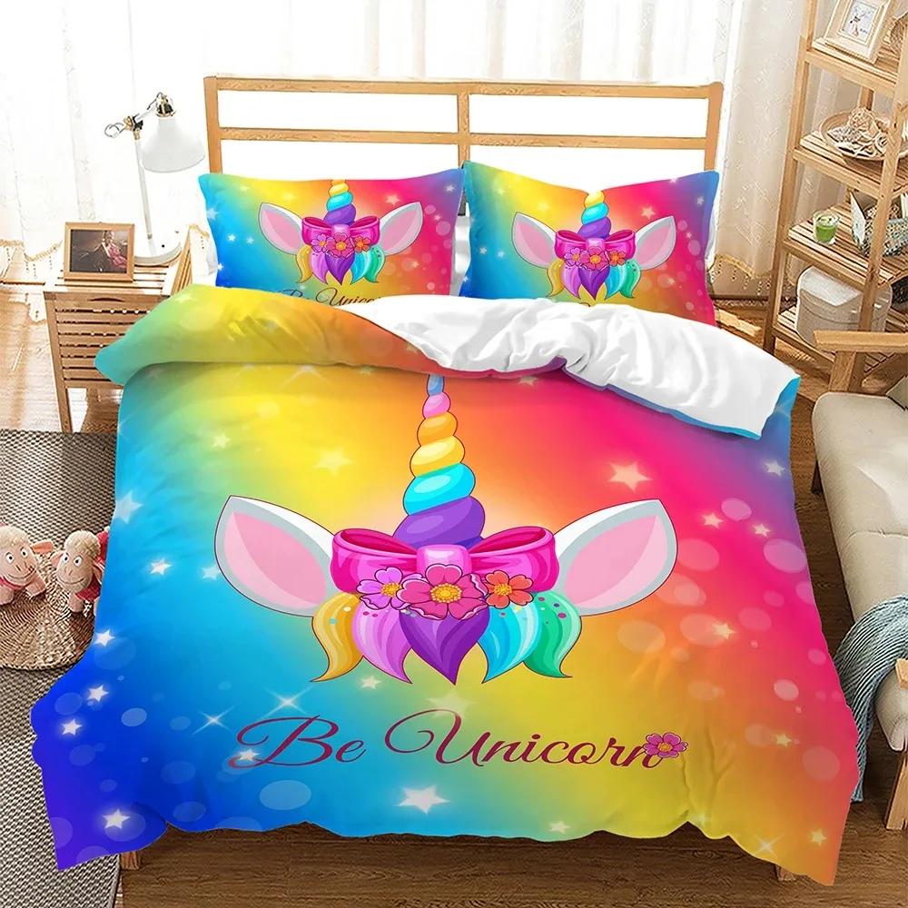 Dětské povlečení s duhovým jednorožcem Kawaii kreslená zvířátka Povlečení pro kluky a holky 2/3dílné Sady povlaků na přikrývku velikosti Twin Single Double Queen
