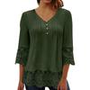 Women's Top Solid Color V-neck Short Sleeved Pleated Button Up T-shirt With Lace 3/4 Sleeves