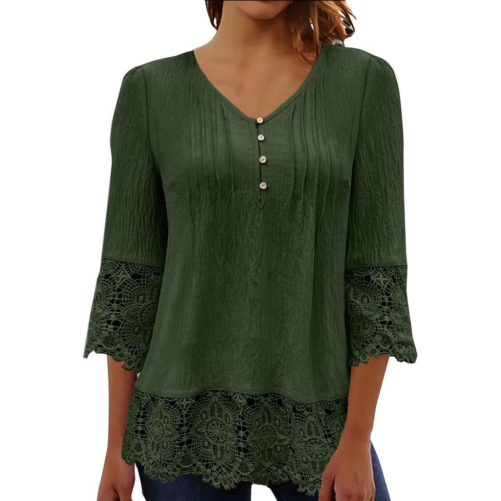 Women's Top Solid Color V-neck Short Sleeved Pleated Button Up T-shirt With Lace 3/4 Sleeves