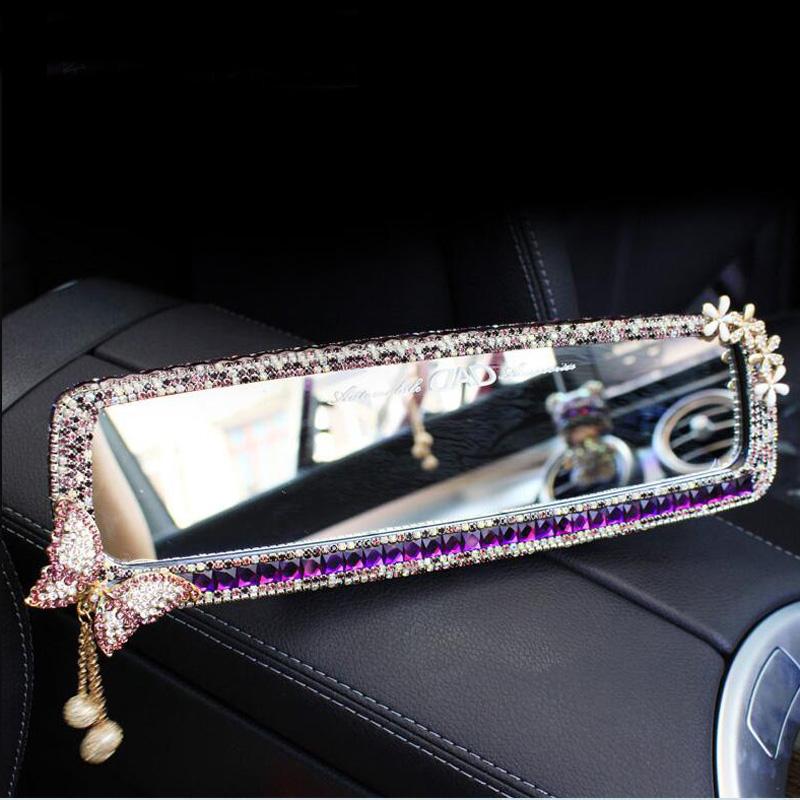 Cute Cartoon Butterfly Rhinestone Car Interior Mirror Decor Bowknot Crystal Diamond Rear Mirror Ornament Women Car Accessories