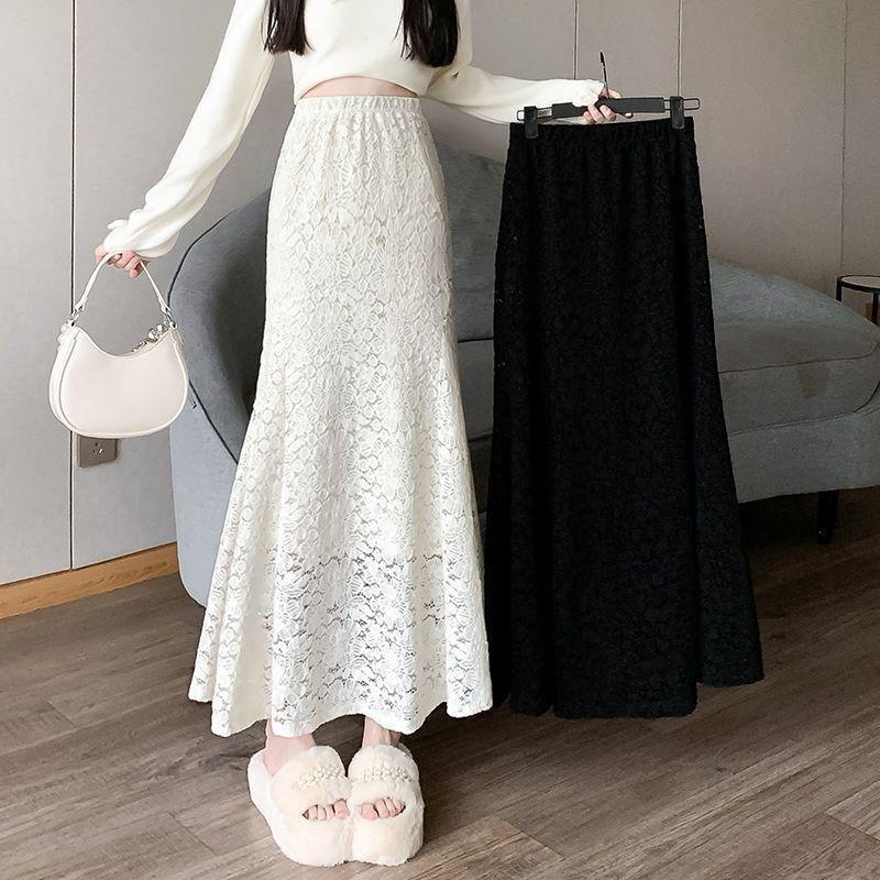 Fusta cu coadă de pește din dantelă pentru femei, cu talie înaltă, fustă subțire, cu șold, toamnă, primăvară, elegante, fuste lungi