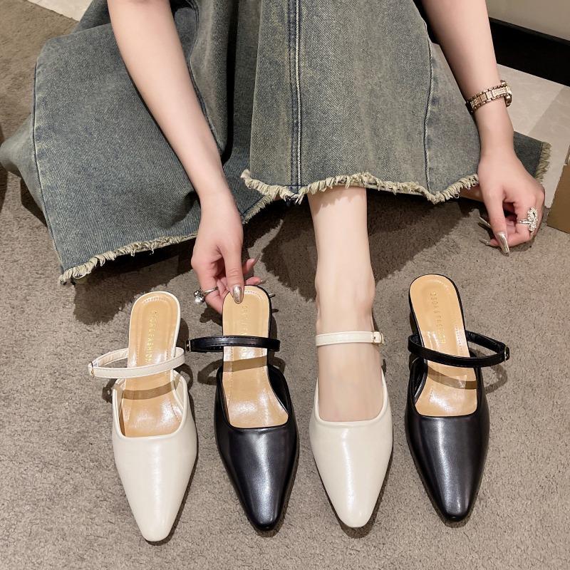 High heels women's summer new bag head one-word strap sandals pointed heels versatile outer slippers