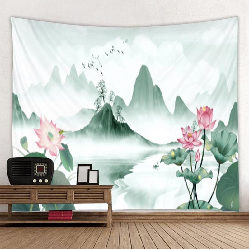 Beautiful Mountain Landscape Ink Painting Tapestry Art Decor Blanket Curtain Hanging At Home Bedroom Living Room Decoration