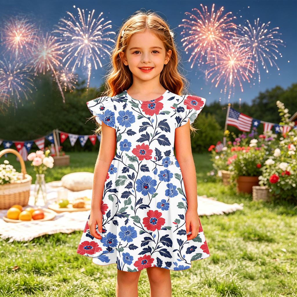 Girls Flutter Sleeve Dress Independence Day Themed Cupcake Print Spliced Skater Dress Toddler Kids Casual Party Dress