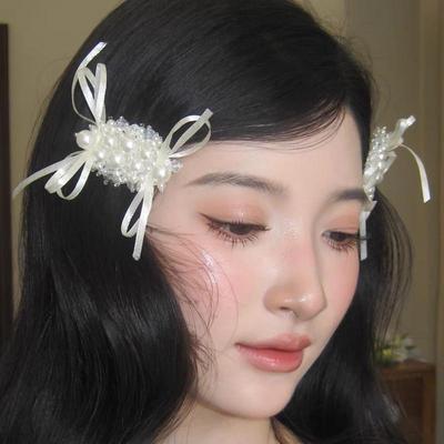 1/2pcs French Ballet Style Imitation Pearl Bow Ribbon Women Hairpin Sweet Simple Elegant Bangs Side Clip Headwear