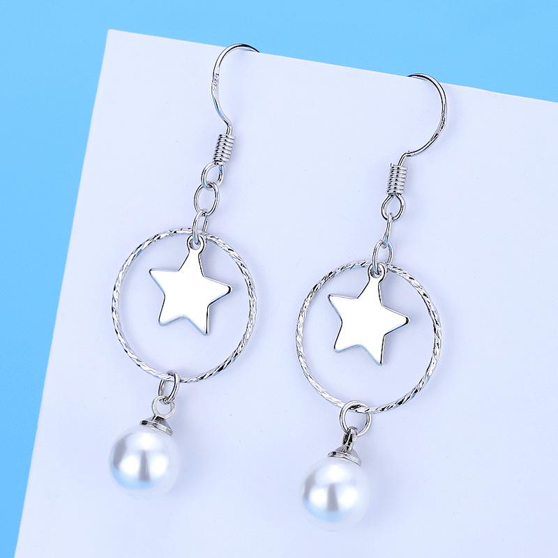 BELLA BOX S925 Sterling Silver Needle Star Tassel Zircon Geometric Earrings Moonfall Star Pearl Earrings