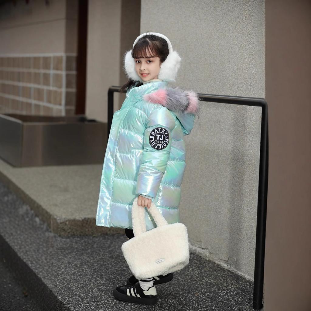 Girls' winter cotton-padded clothes, thickened cotton-padded warm colorful hooded down cotton-padded clothes, children's leave-in long cold-proof 