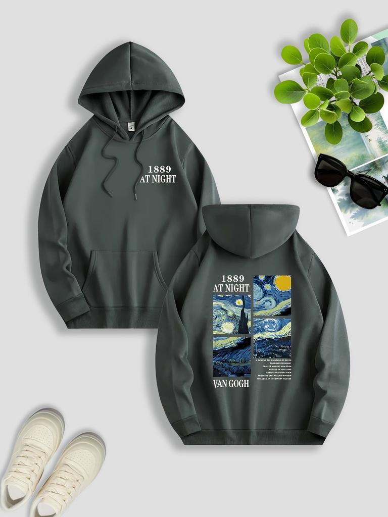 Men'S Double Sided 1889 At Night Starry Sky Print Hoodie with Kangaroo Pocket Drawstring Casual Streetwear for Fall Winter,