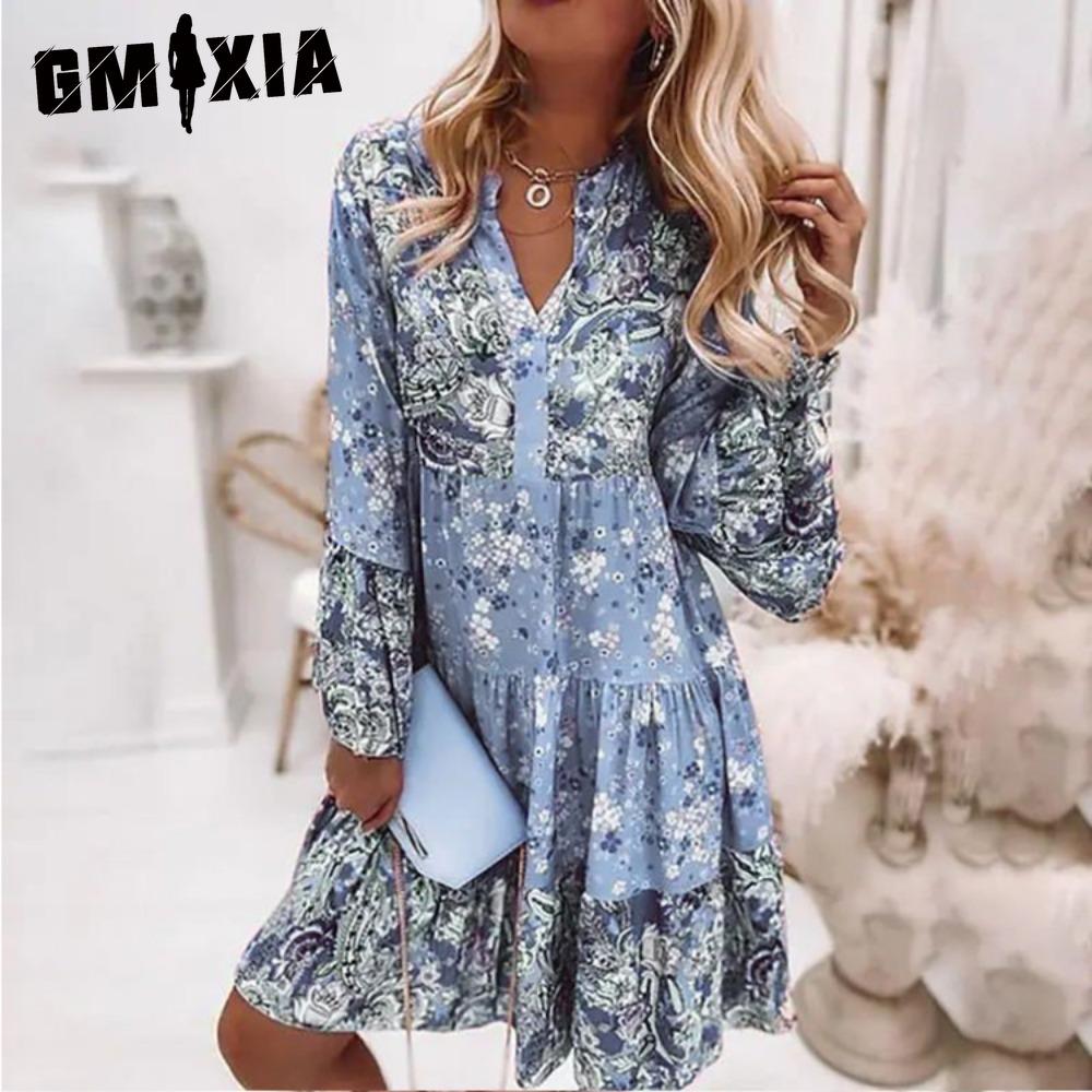 

GMXIA Женская Мода Богемный Цветочный Принт V-образный Вырез Мини-платья Повседневные Свободные Элегантные Женские Пляжные Вечерние Платья с Рукавами-фонариками L