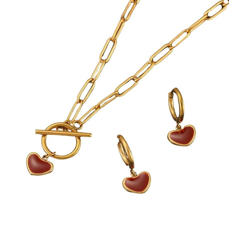 Stainless steel heart necklace and earring set - heart-shaped new year jewelry - 18k gold plated