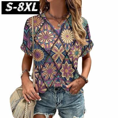 S-8XL Plus Size T-shirt for Women's Summer Short Sleeve Casual Tops Street Fashion V Neck T-Shirt Female Clothing Pullover