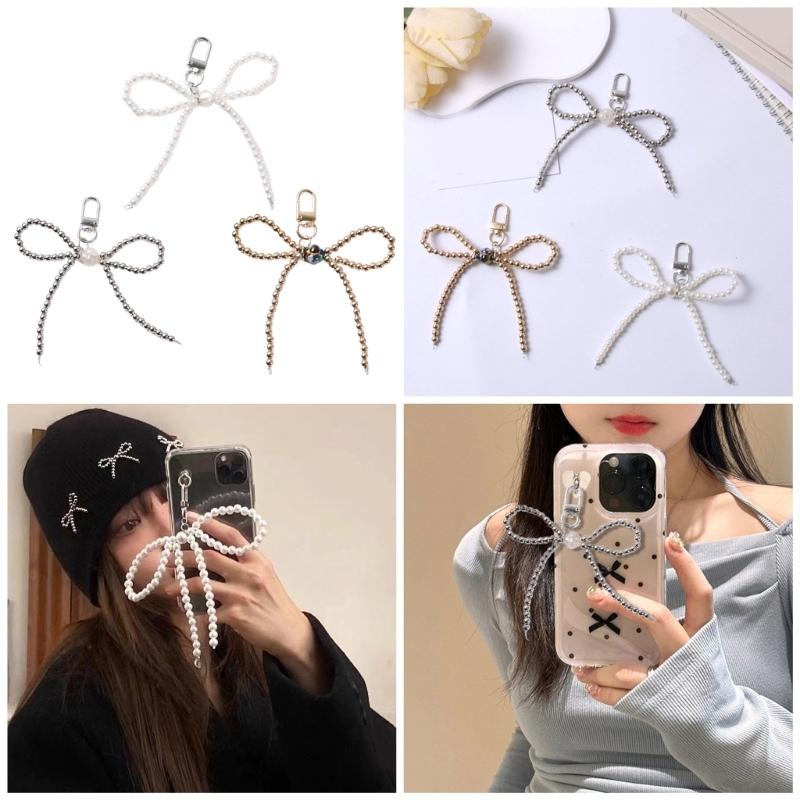 Fashion Beaded Bowknot Charm Keychains Sweet Cool Pendant Ornament Keyring Backpack Decoration Jewelry for Women Girls