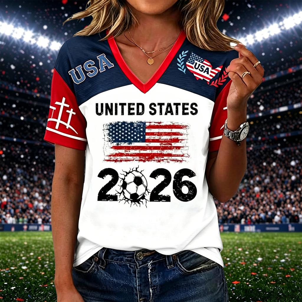 Women’s Casual V Neck Pullover Top with Short Sleeves and States Flag 2026 Soccer Graphic Print for Everyday Wear
