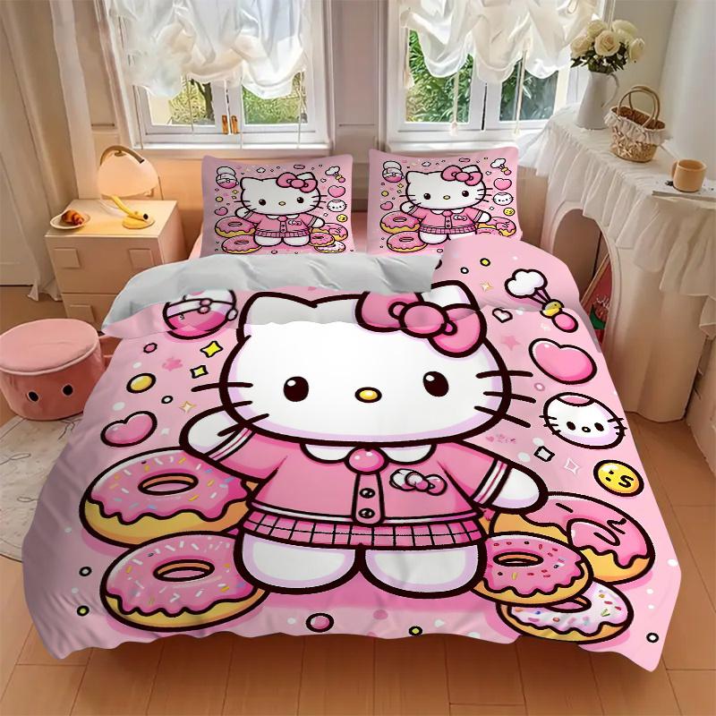 3pcs Dessert cartoon Kitty Printed Bedding Set, Soft and Comfortable Quilt Cover for Bedroom, Guest Room ( Not Included).H019