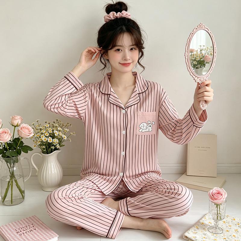 Japanese cute cartoon pajamas women's spring and autumn imitation cotton long-sleeved soft girl casual loungewear suit can be worn outside
