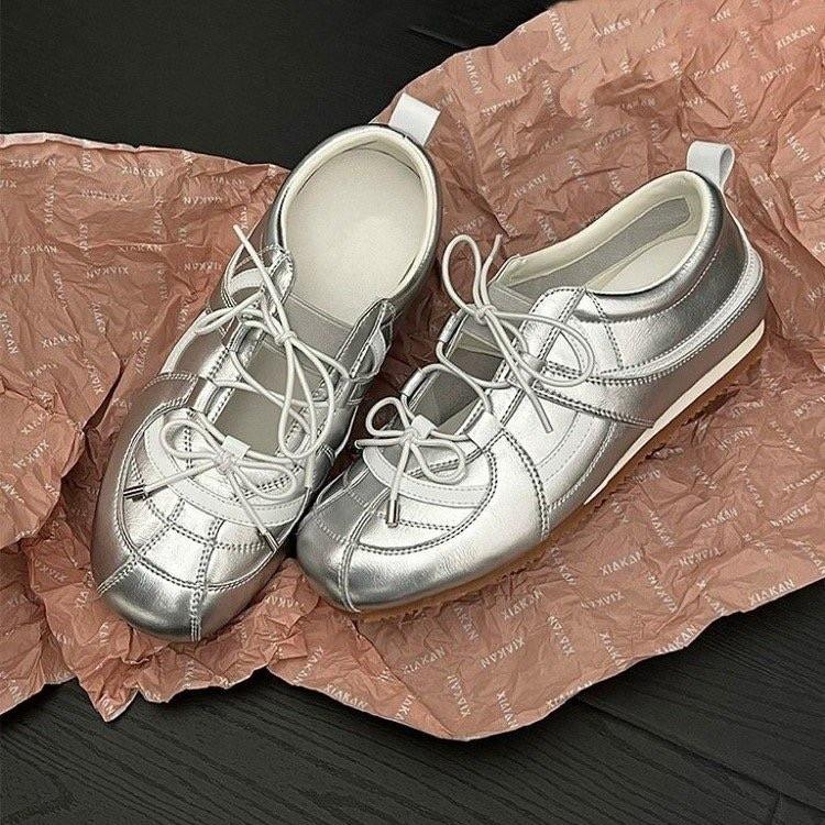 Sheepskin Version~ Silver German Training Shoes Women's Flat-soled Ballet Shoes Retro Summer Versatile Soft-soled Sports and Leisure Board Shoes