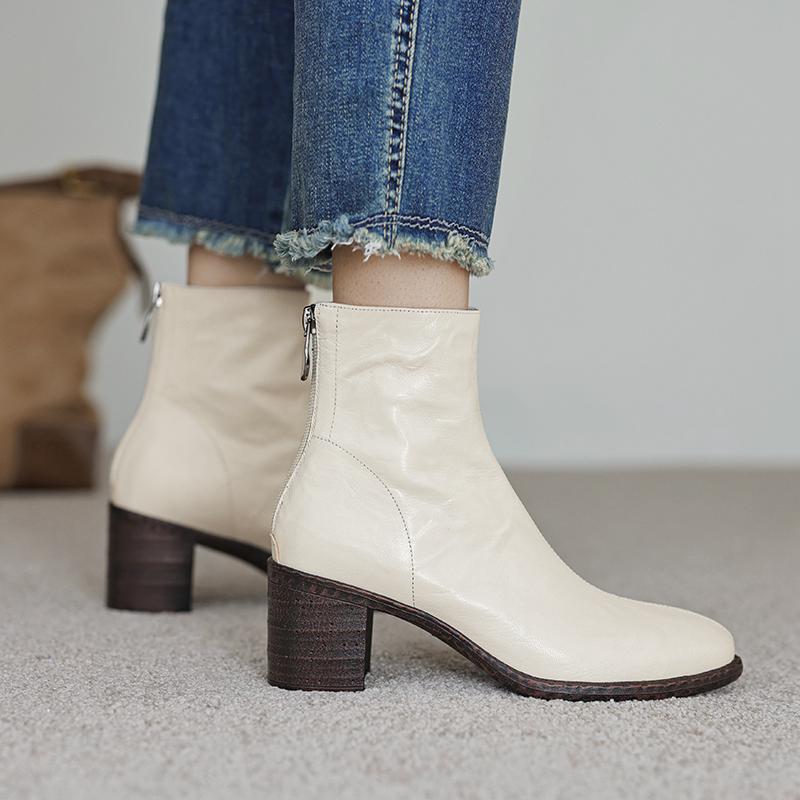 Krazing Pot Îmbrăcăminte de bază Piele de oaie Toamnă Iarnă Pantofi Tocuri groase Cizme Chelsea Vârf rotund Păstrează cald Botine cu fermoar