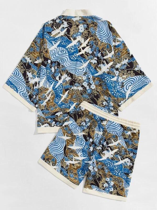 2026 New national style Hawaiian vacation ukiyo-e painted seven-quarter-sleeved Taoist robe 3D printed carp kimono cape