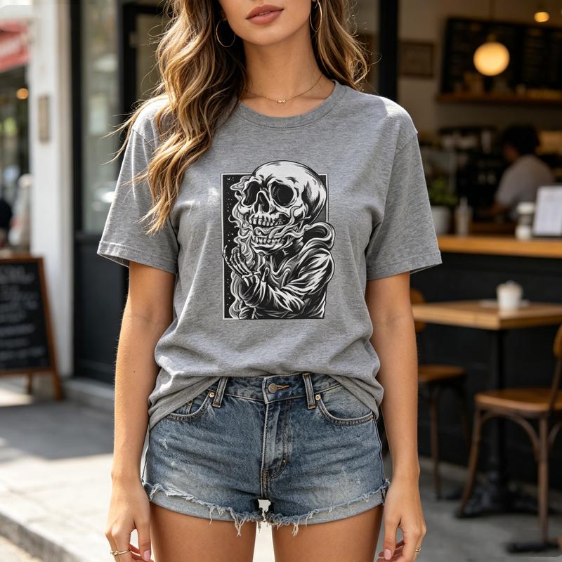 Dark Skull Smoke Illustration Graphic T Shirt Comfortable Cotton Short Sleeve Top