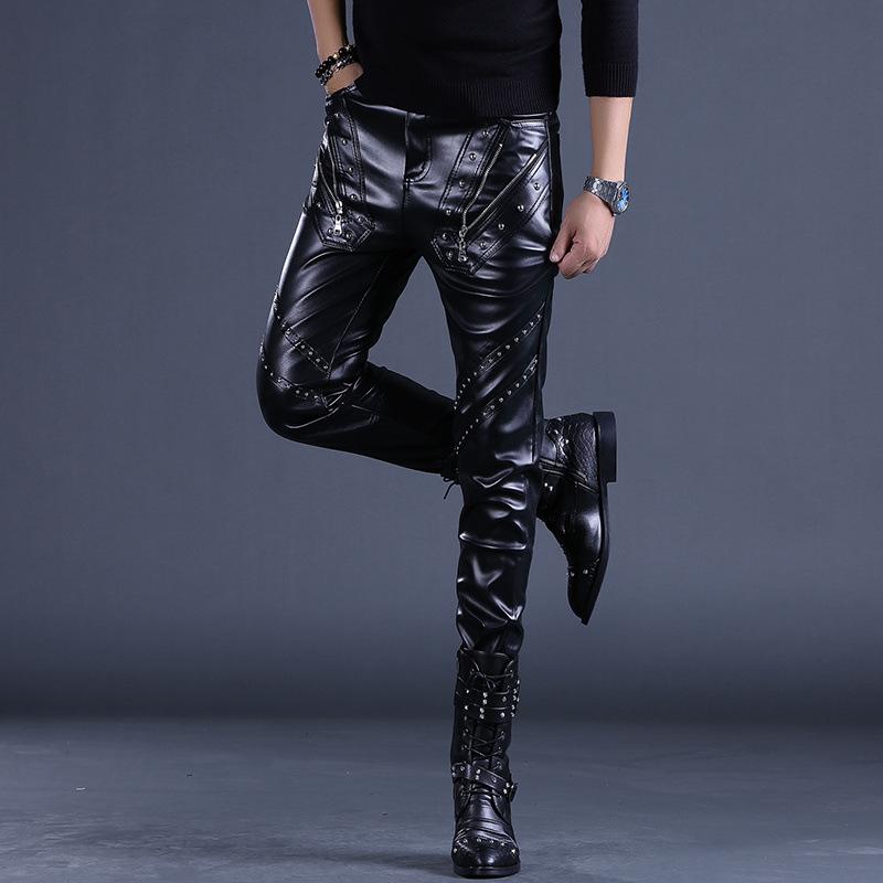Pánské kožené motorkářské kalhoty slim fit v korejském stylu