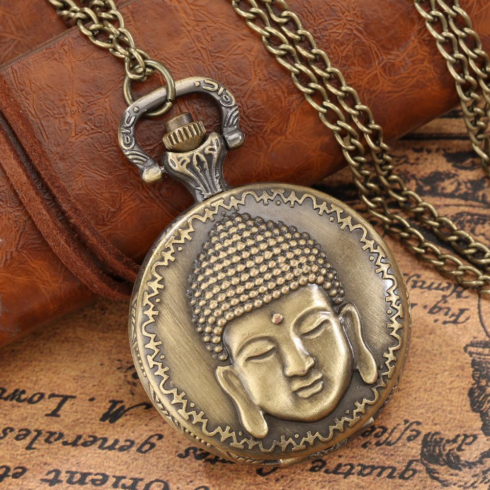 

Винтажные бронзовые мужские и женские кварцевые карманные часы с подвеской в ​​виде арабских цифр, карманные часы с цепочкой, креативная голова Будды, старомодные карманные часы для папы бронзовый