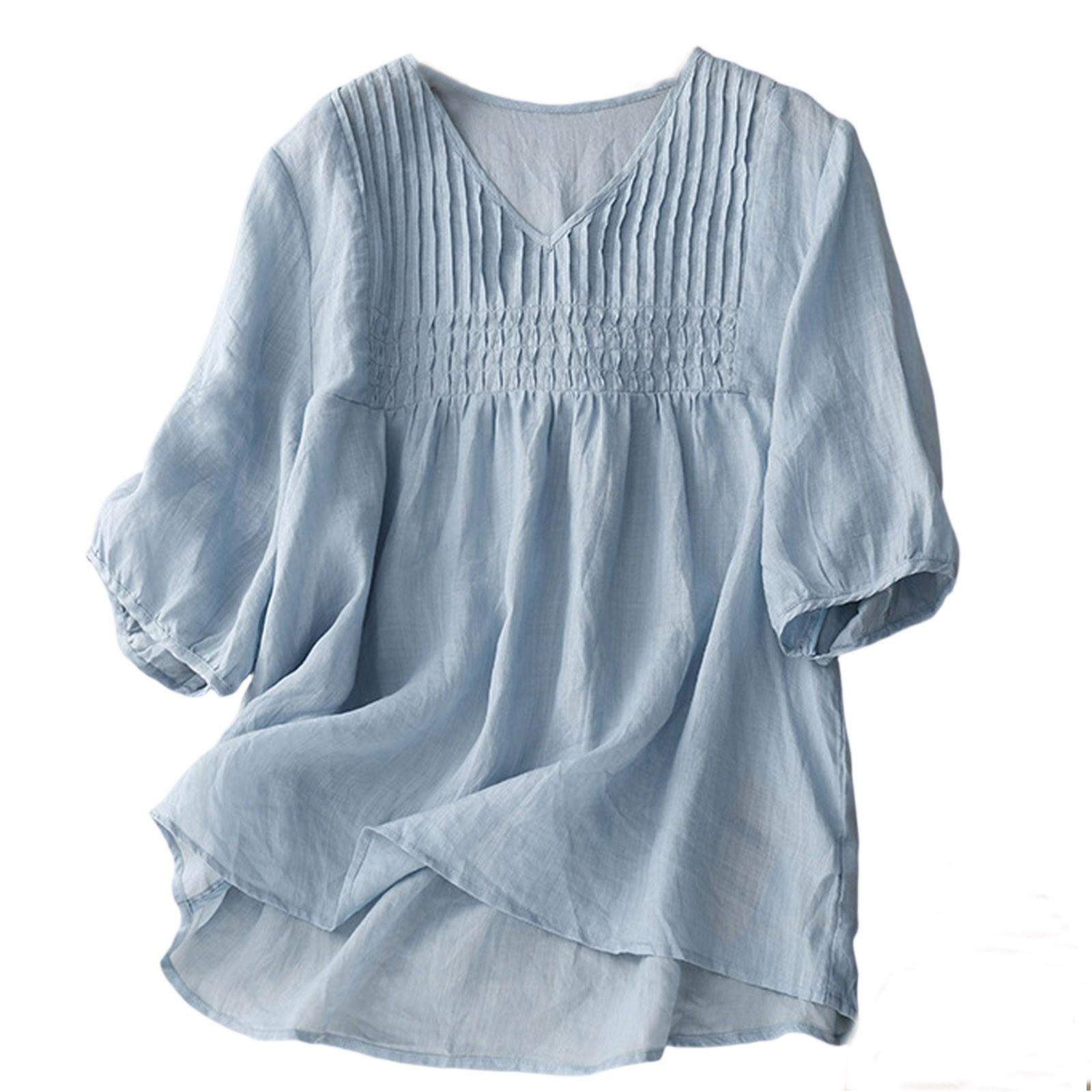 

Женская однотонная хлопково-льняная футболка с рукавом три четверти, в стиле ретро, дышащая, с V-образным вырезом XXL синий