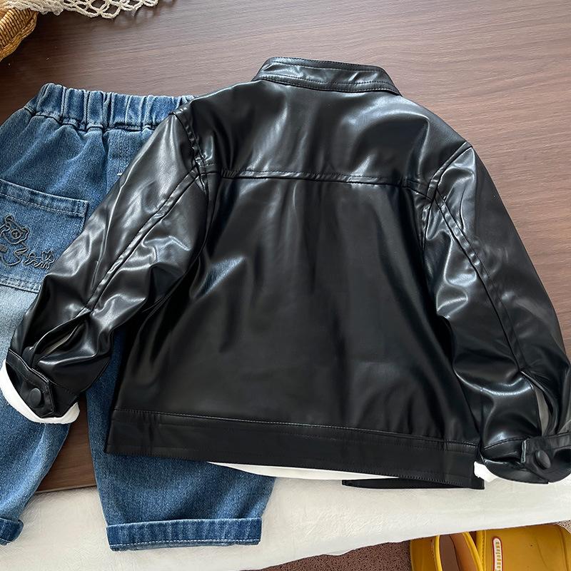 Boys Thin Faux Leather Jacket Spring Autumn Cool Kids Coat Baby Fashion Outerwear