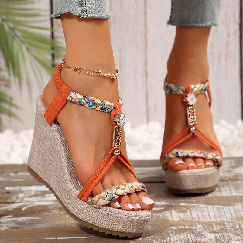Thick-soled Wedge Sandals Women's New Woven Hemp Rope Elastic Band Bohemian High Heels
