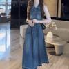 2026 Summer Retro Hong Kong Style Sleeveless Lapel Denim Dress with Waist-Slimming Design