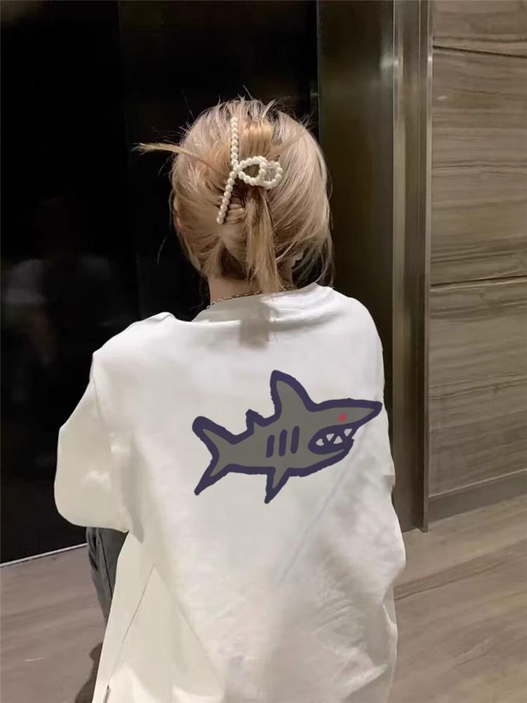 Women's Summer Shark Print Loose Fit Pure Cotton Half Sleeve T-shirt