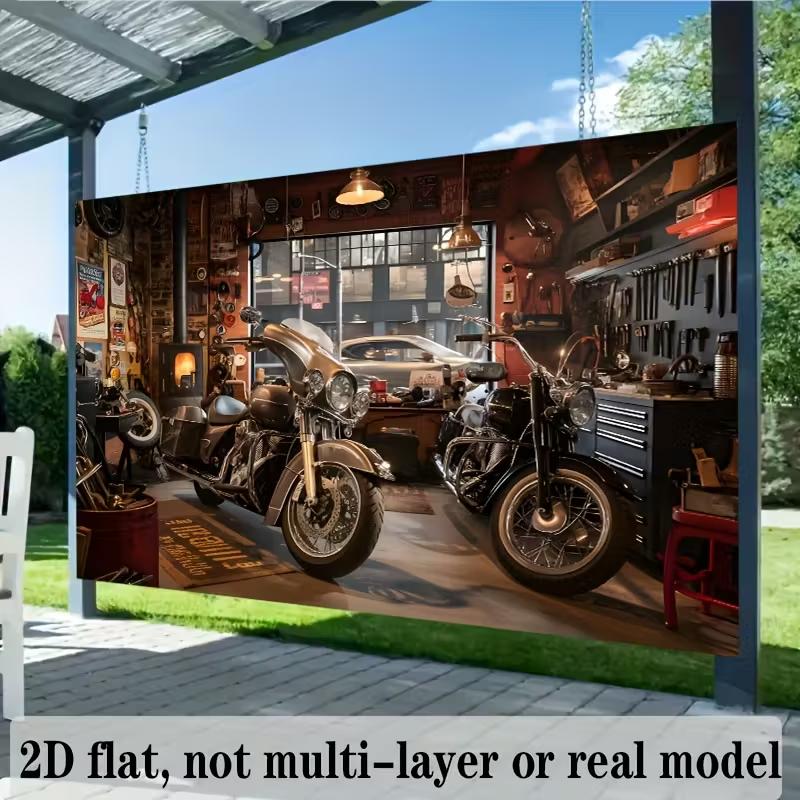 2D Vintage Motorrad Werkstatt Kulisse Banner - Biker Party Foto Hintergrund