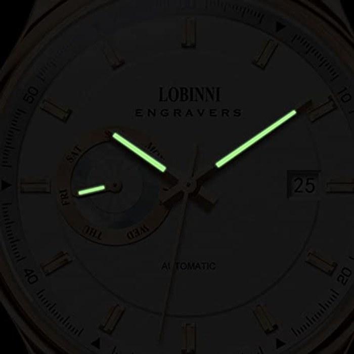 LOBINNI Men's Automatic Watch, Stainless Steel, 50m Waterproof, Mechanical Watch, Sapphire Mirror, Leather Band, Week/Date Display (Men's