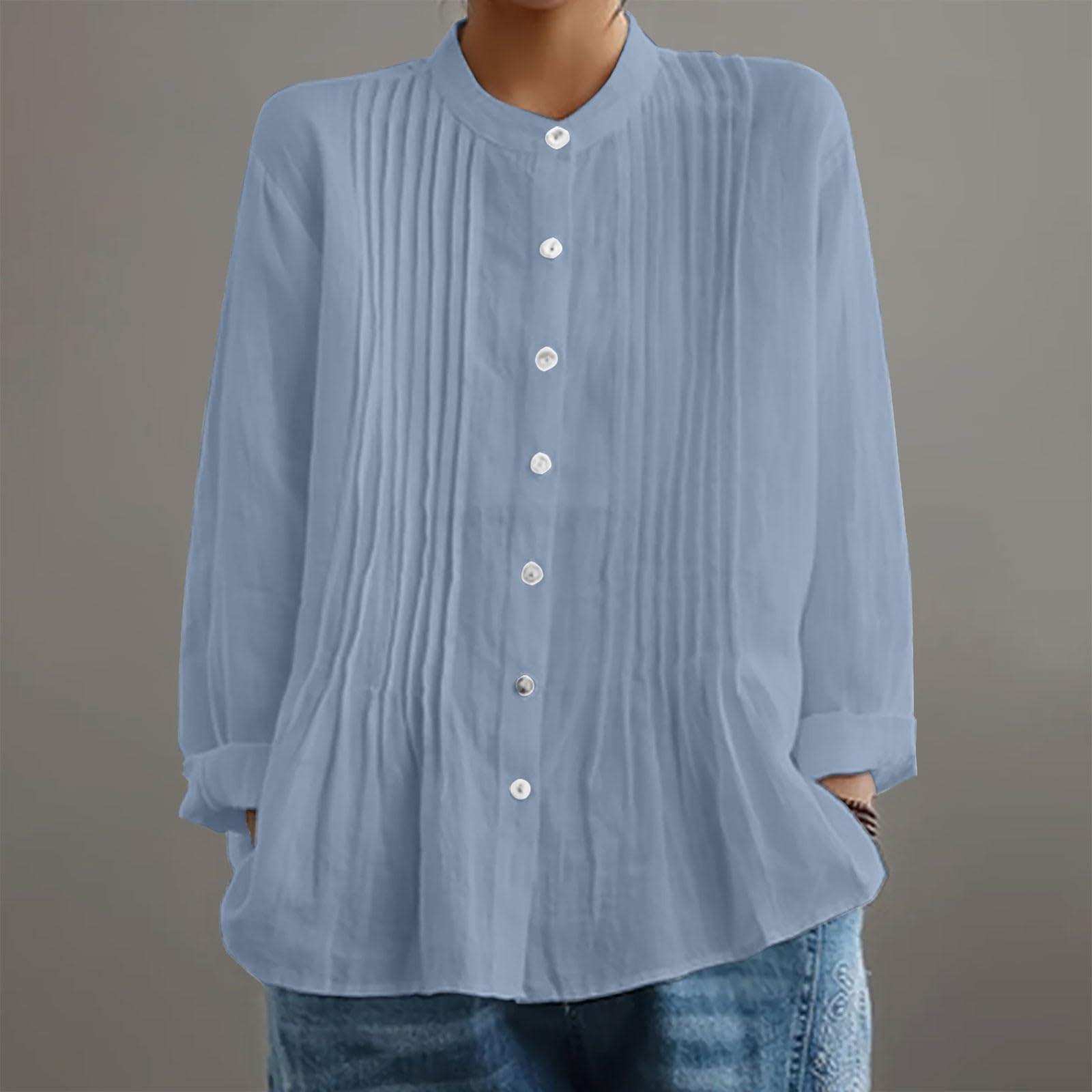 Women s Fashion Long Sleeve Cotton Linen V-Neck Shirt Loose Casual Lapel Tops L синий