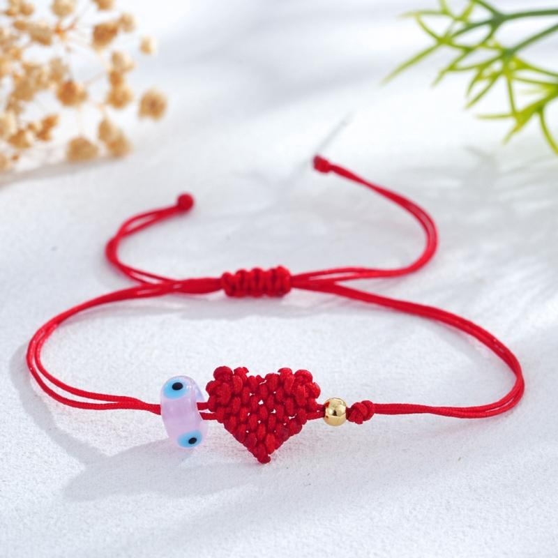 Handcrafted Red Cord Evil Eyes Bracelet With Heart Charm Adjustable Wrist Jewelry For Women Men Friendship Gift