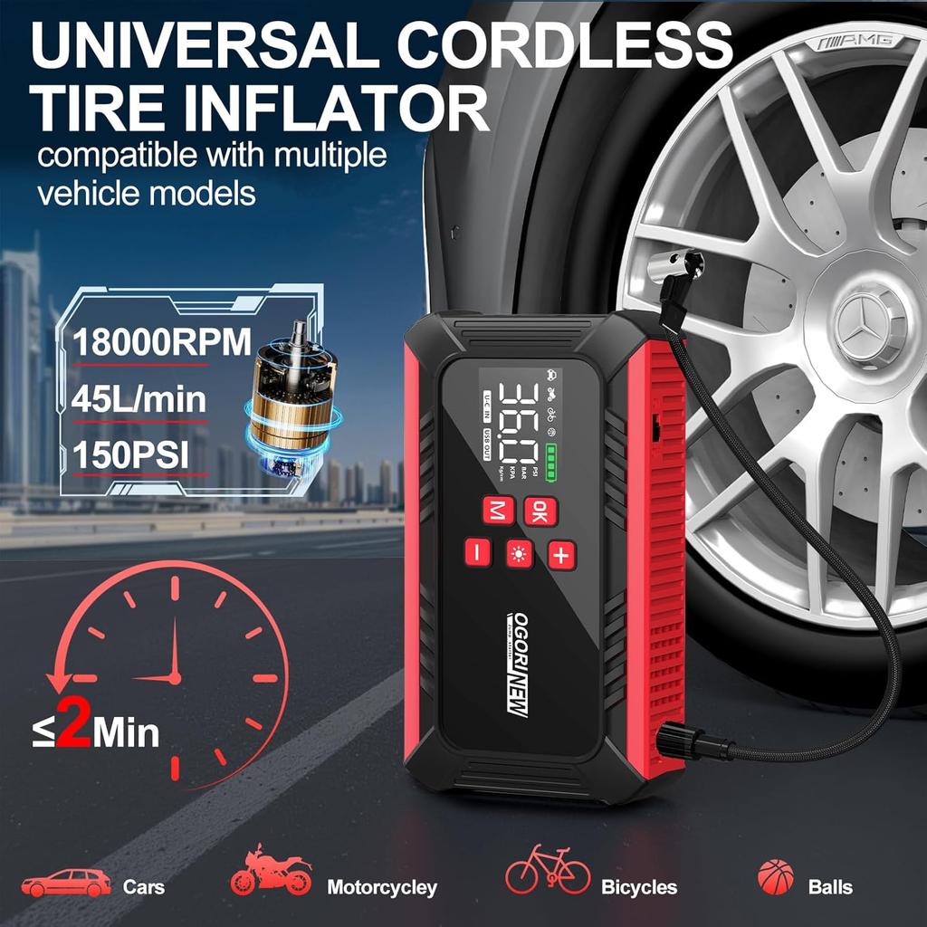 8000A Jump Starter with Air Compressor, 26800mAh Car Battery Booster, 150PSI Tire Inflator, 12V Jump Box, Jumper Cables, Cigaret